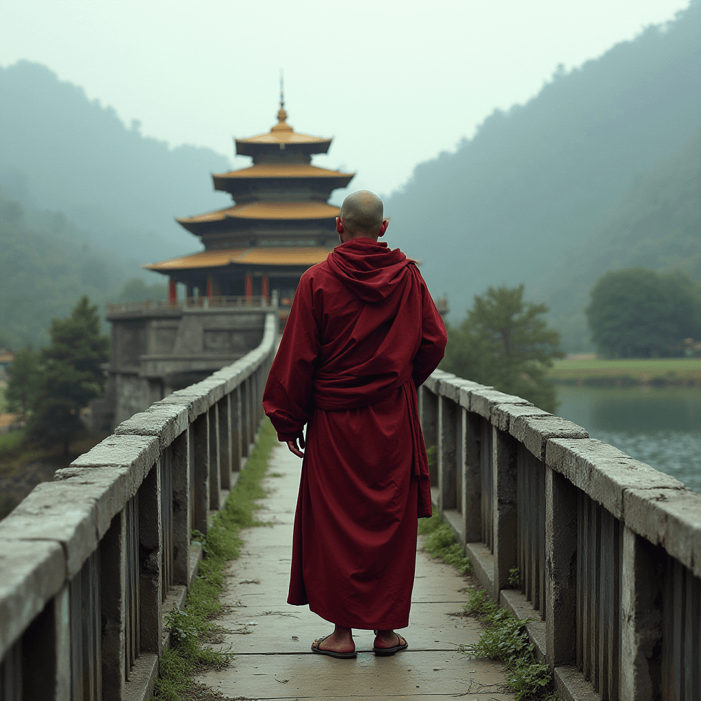 A monk in red robes walks across a stone bridge toward a pagoda, surrounded by misty hills.