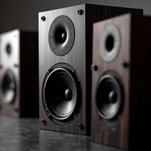 Close-up view of a real sound system featuring speakers. The speakers show detailed wood texture and speaker drivers. Focus on design quality and craftsmanship.