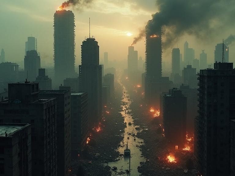 Post-apocalyptic cityscape showcasing vast urban area in ruins. Towering skyscrapers spewing black smoke against moody overcast sky. Scene bathed in dim amber light at impending dusk. Buildings crumbling with visible fire and destruction emphasizing chaos. Composition captures bird's-eye view, highlighting winding streets filled with debris and abandoned vehicles. Textures gritty, reinforcing devastation. Atmosphere conveys despair and abandonment, evoking emotions about loss and survival in urban jungle.