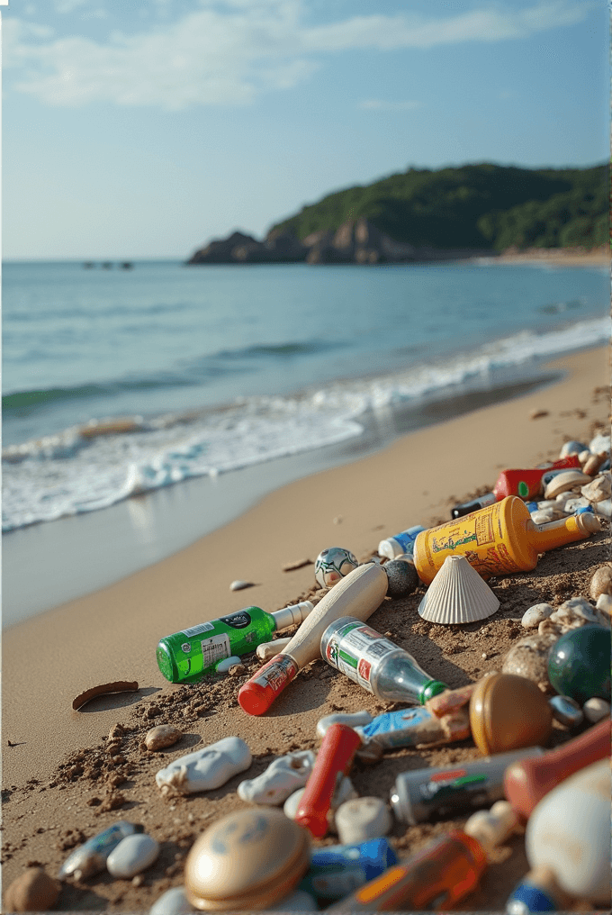 A beach covered with scattered bottles and litter, with a scenic view of the sea and distant cliffs.