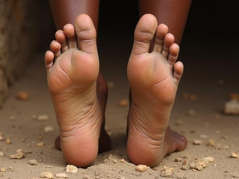 Image focuses on soles of bare African feet. Ground-level perspective with natural lighting. Feet show texture and detail against a sandy background.