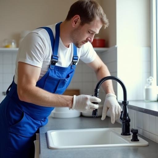 Plumber works on kitchen faucet. Wearing gloves and blue overalls. Bright kitchen setting. Focus on hands fixing sink. Natural light filters in through window.
