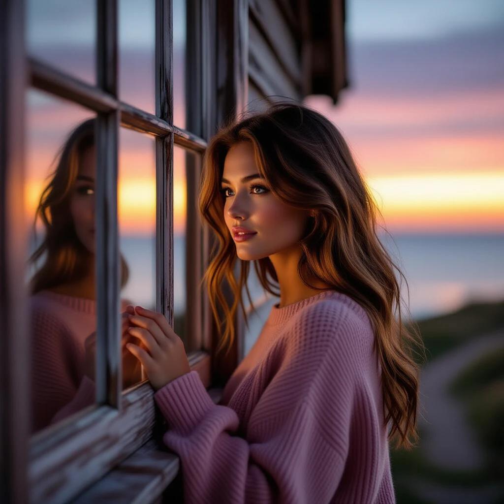A young woman leans towards a wooden window at twilight. Wavy brown hair frames her face. She wears a simple pink sweater. The window looks out to a distant coastal path. The sunset sky shows warm colors. A rustic room enhances the peaceful atmosphere.