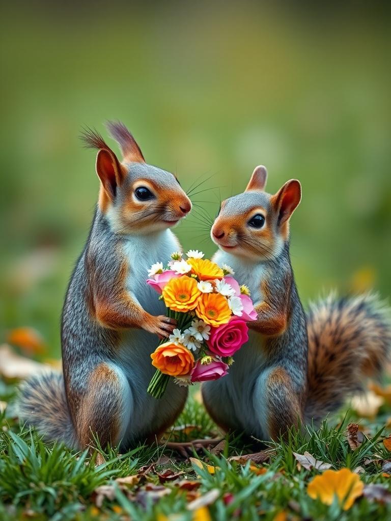 In this digitally illustrated scene, two charming squirrels are depicted holding a vibrant bouquet of flowers, showcasing bright oranges, pinks, and yellows. The backdrop is a lush, out-of-focus green lawn, enhancing the colorful contrast of the flora. This whimsical and heartwarming image exudes warmth and a sense of tender connection between the playful creatures.