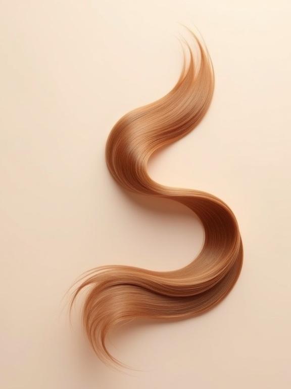 Smooth glossy strand of light auburn hair flows through the image like an elegant ribbon. Hair is voluminous silky and healthy with light brown tones and gentle shine. Movement is fluid and graceful resembling a floating ribbon. Background is minimal and light enhancing the color and texture.