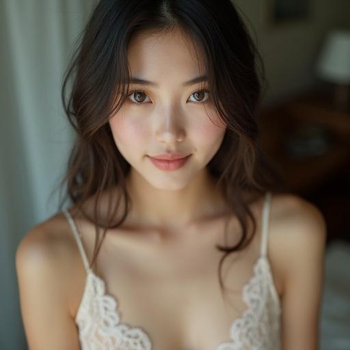 Photo of a beautiful East Asian woman. She has soft eyes and a gentle smile. She wears a lace short dress. The composition shows elegance and charm.