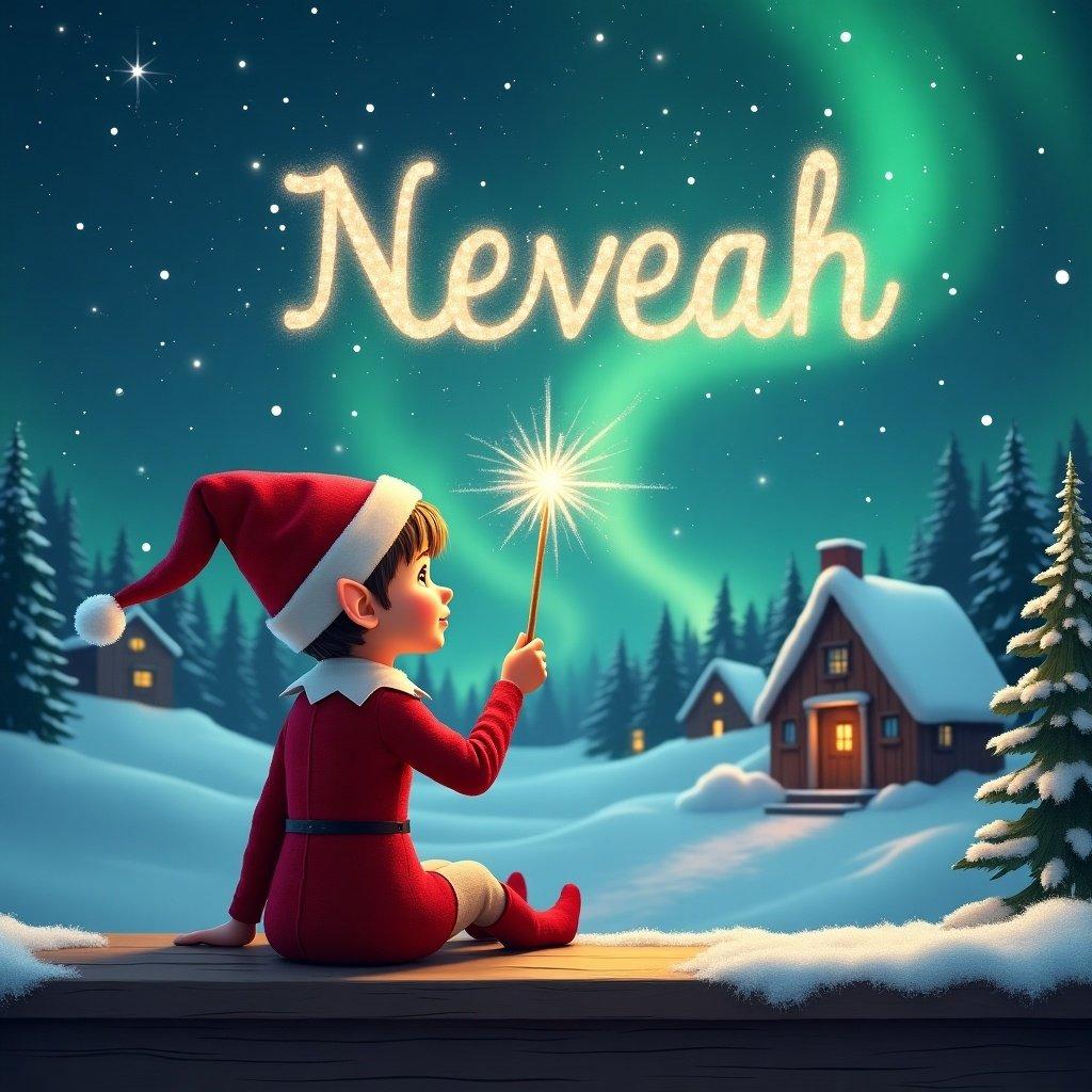 Elf dressed in red outfit sits on ledge gazing at the sky. Elf holds a sparkling wand and writes 'Neveah' in the air. Background shows snowy landscape, houses, evergreen trees, under Northern Lights.