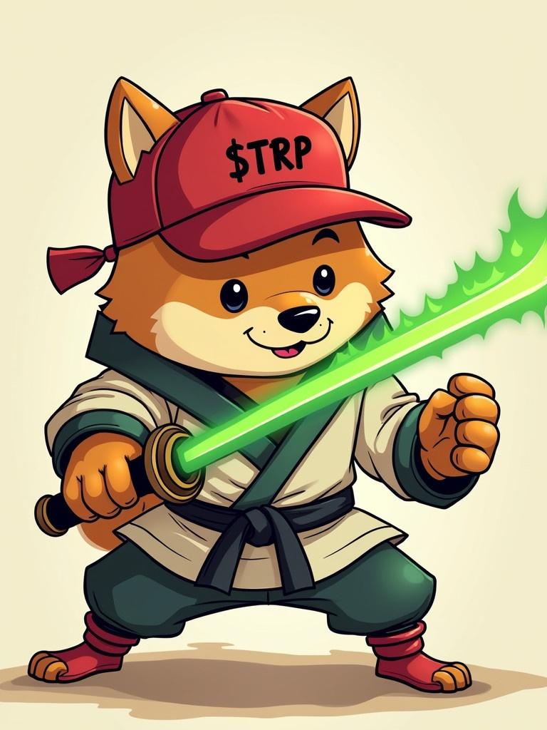 Animated cartoon featuring a Shiba dog. Dog wears a red baseball cap labeled $TRP. The dog is dressed in martial arts attire. The dog brandishes a bright green sword. The scene depicts an action pose. The subject appears playful and energetic.