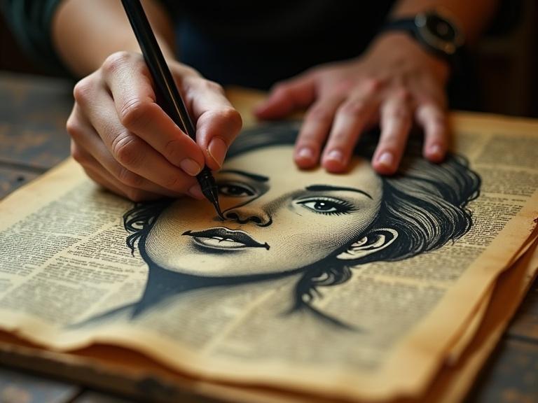 A skilled artist draws intricate linework on vintage newspapers. Focus on expressive face and steady hand. Black ink contrasts with yellowed paper. Scene set on a rustic wooden table. Soft, warm lighting creates inviting ambiance. Predominant colors are deep blacks, muted yellows, earthy browns.