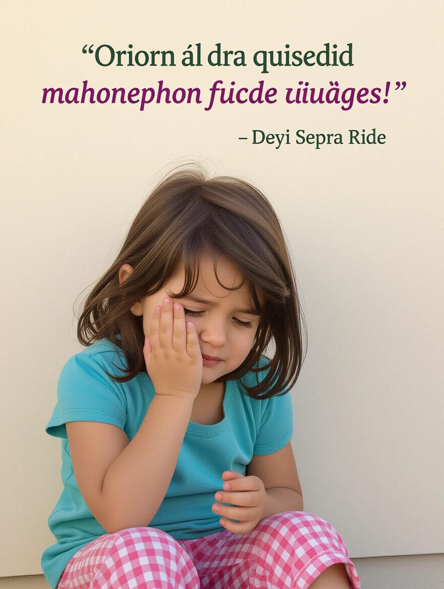 A girl sits quietly, showing sadness. She wears a turquoise shirt and pink checkered pants. The background is neutral and soft. An inspirational quote appears above her.