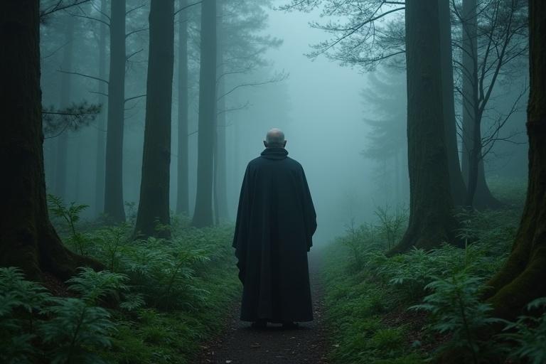 Misty forest with dark green ferns and trees. An old man is standing in the middle wearing a papal robe. Eerie ambience with photorealistic lighting.