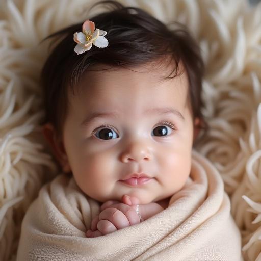 Close-up of a beautiful baby with big eyes and soft skin. Baby is wrapped in a blanket and has a flower hair clip. Expression of curiosity and innocence.