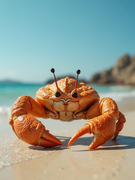 Ultra-realistic crab resembling a croissant enjoying time at the beach.  Focus on the crab's details with a backdrop of ocean waves. Bright sunny weather enhances the beach scenery.