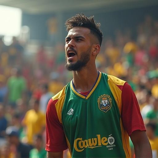 A man in a colorful sports uniform passionately expressing emotions in a vibrant crowd. Energetic atmosphere conveys enthusiasm and team spirit.