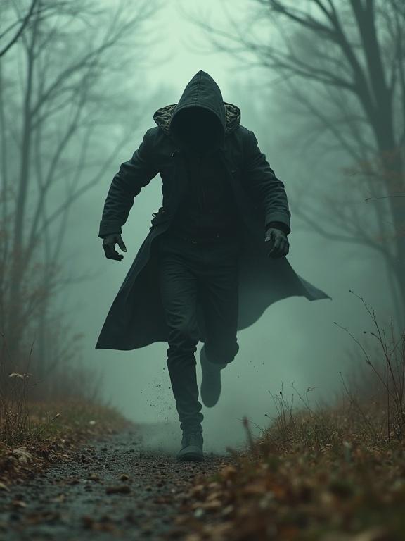 A figure runs away in panic down a foggy path. The figure is wearing a dark cloak and a hood. The atmosphere is eerie with soft light. Motion lines emphasize speed. A dynamic pose conveys urgency.