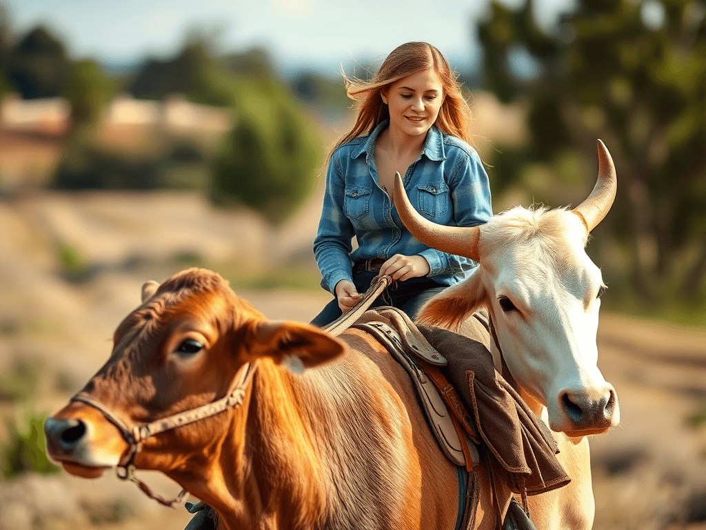 A young woman in a denim shirt rides two large cows through a sunlit countryside.