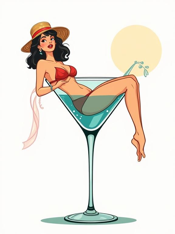 Beautiful vintage girl wearing bikini relaxing inside martini glass. Tropical chic theme with a flat vector graphic style. Line art doodle with a cocktail and a white background.