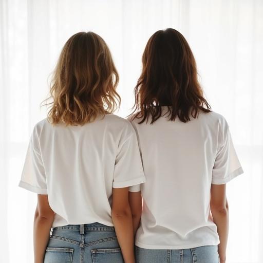 Two girls are seen from behind wearing white big t-shirts. The image showcases a see-through silhouette. The scene reflects a cute style.