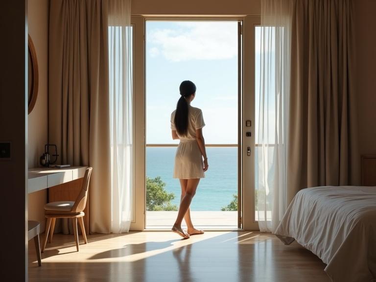 Ultra realistic image of a girl standing outside a luxurious hotel room. She is observing the ocean view. The setting is serene and modern with soft furnishings and natural light.