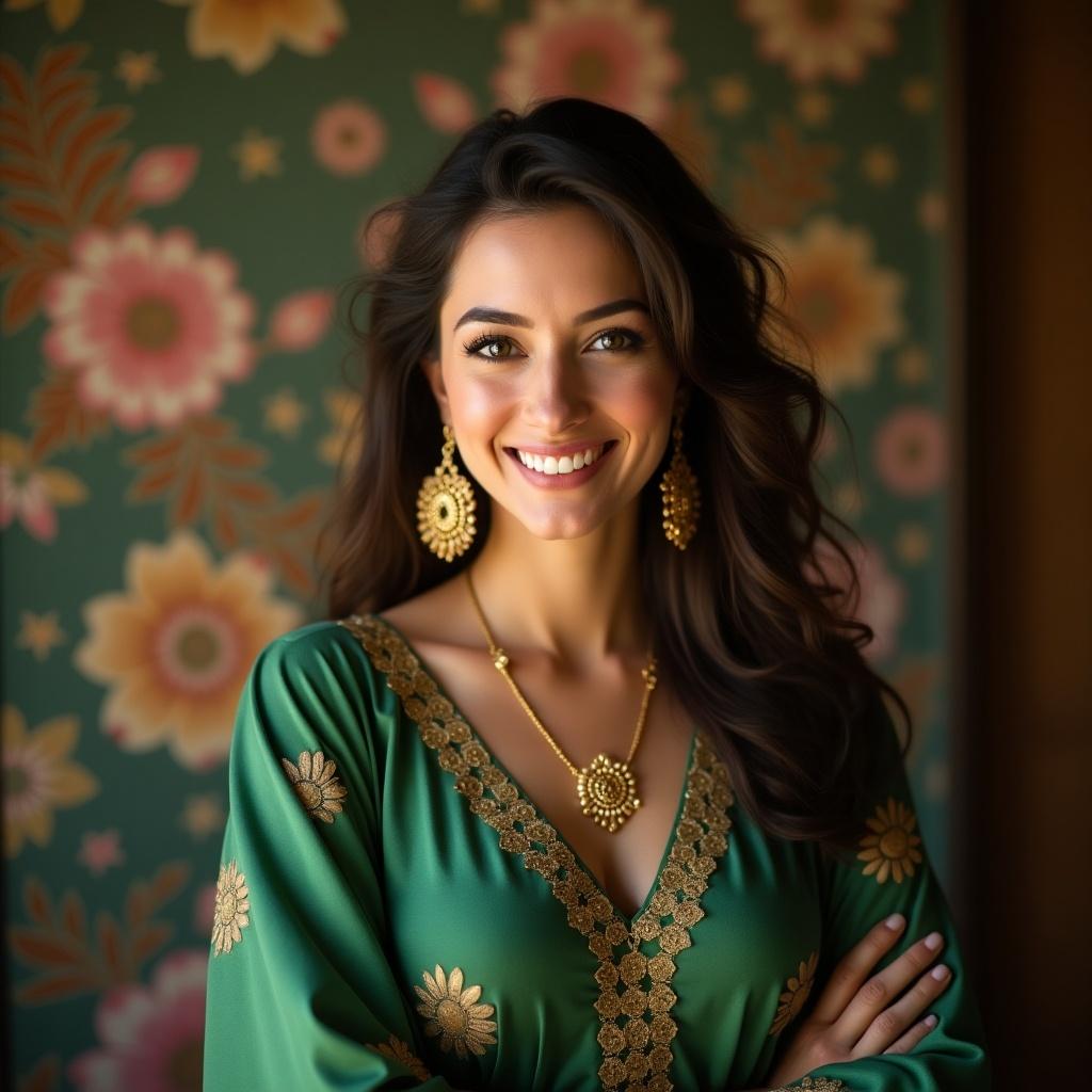 Portrait of a woman against a floral background. She wears a traditional green dress with gold jewelry. Soft lighting enhances the features.