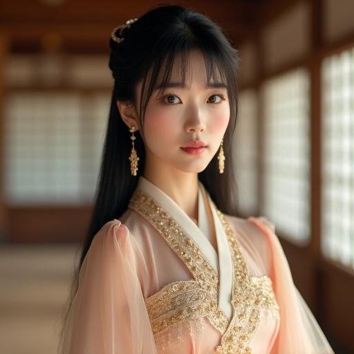 Portrait of an elegant East Asian woman with porcelain skin. She has large brown eyes and confident gaze. Long black hair features blunt-cut bangs. Wearing luxurious dress blending kimono elements with modern elegance. Dress has pastel colors with intricate gold embroidery and sheer fabric inserts. High slits reveal her legs. Fitted bodice enhances her full bust and slim waist. Flowing sleeves add movement. Stance is dignified. Background features traditional Japanese architecture with warm lighting.