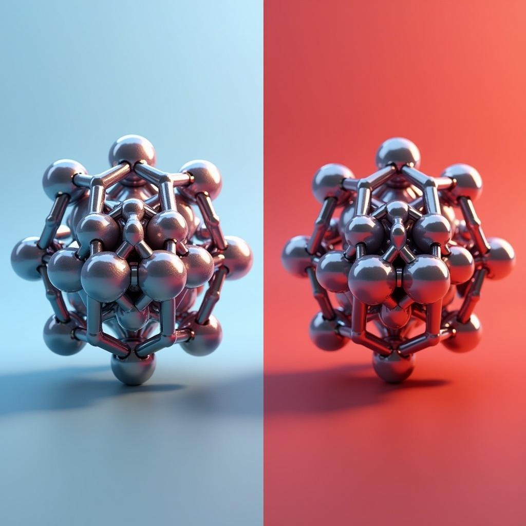 Create a split-screen image focusing on vanadium dioxide. On the left, illustrate the monoclinic M1 phase with a light blue background. Show vanadium and oxygen atoms as spheres, emphasizing the distorted V-V chains. On the right, display the rutile R phase with a red background, featuring linear atomic chains. Make both crystal structures prominent, highlighting their unique features and arrangements side by side.