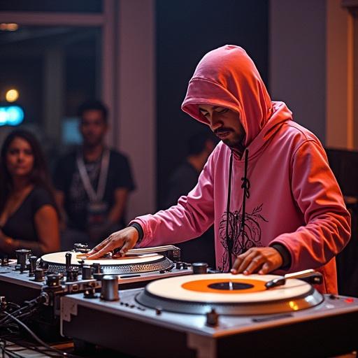 DJ in a red hoodie operates two turntables at a DJ competition.