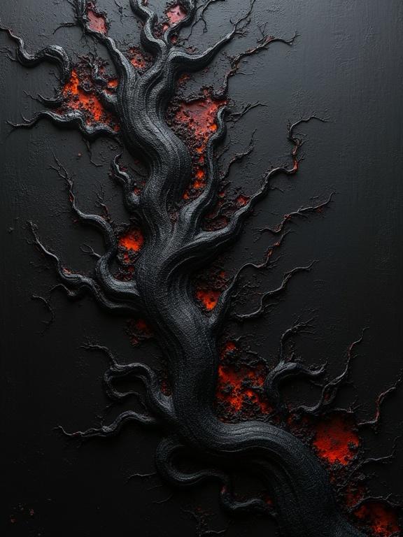 Close up digital oil painting thumbnail features a distorted black tree emerging against a black background. Thick black tendrils ooze from the trunk resembling decay. Harsh paint strokes and acid corrosion create a dynamic surface. Shadows blend with shapes resembling film negatives. An unsettling scene immersed in dark themes.