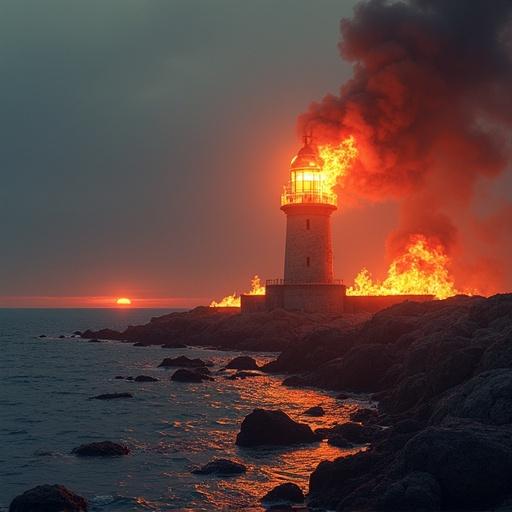 A lighthouse on fire at sunset. The lighthouse is brightly lit by flames. The scene captures a dramatic contrast of colors in the sky and water.