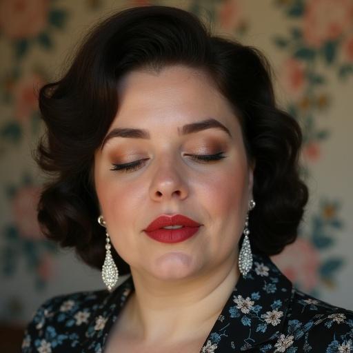 Portrait of a beautiful chubby woman showcasing 1950's hairstyle and vintage makeup. She has closed eyes and big red lips. Wearing a floral black and blue dress. Long diamond earrings add elegance. Background features vintage floral wallpaper.