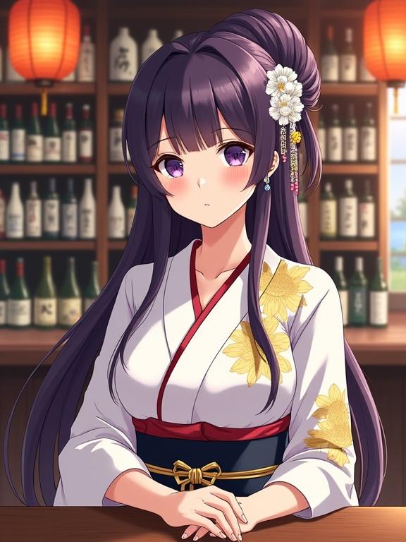 Anime woman with long dark violet hair in an elegant updo wearing a white satin kimono with gold floral patterns and dark obi. Calm expression seated at a bar counter with bottles behind. Warm traditional atmosphere with lanterns and a view outside.