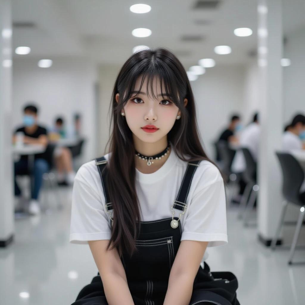Portrait of a girl with long black hair and a choker. She wears a white T-shirt and black overalls. Background shows people in a study area. Soft lighting in a modern environment.