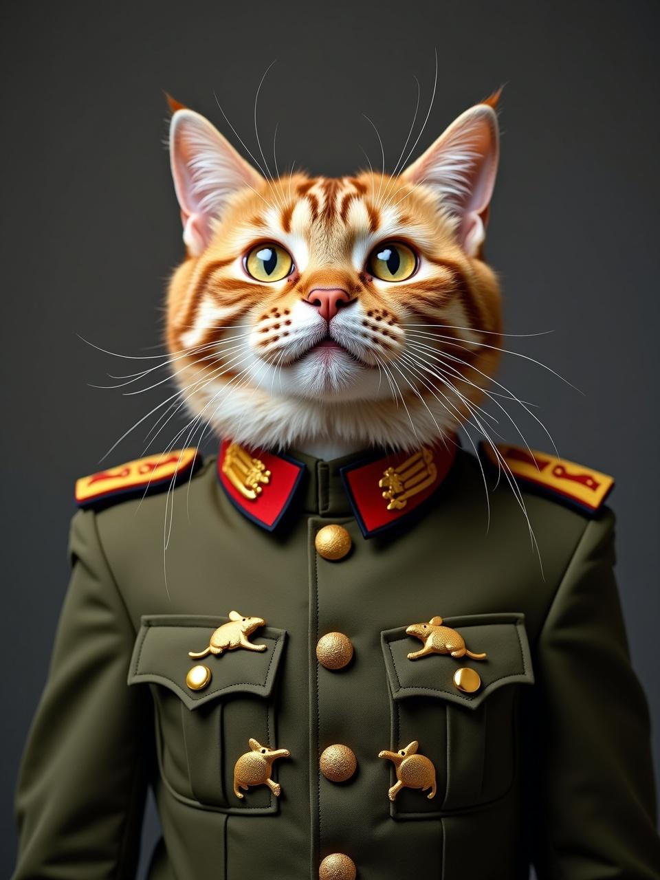 Professional photography of a cat in a soldier uniform. The cat wears four shiny mouse badges on its chest. The expression is wide smile and prideful.