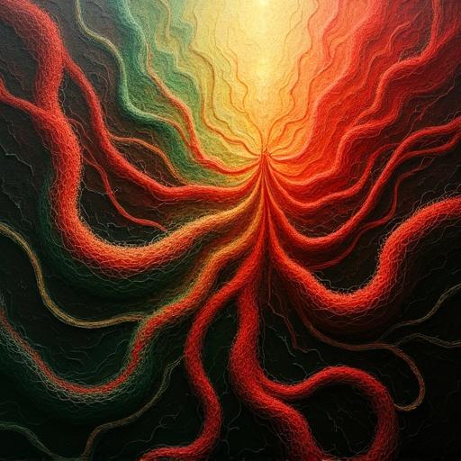 Abstract composition with interwoven lines and shapes in red green yellow on dark background. Textured fibrous lines twist and curve creating dynamic movement. Deep red areas solid lighter colors translucent. Light shines from within structure contrasting with darkness. Variations in textures from smooth gradients to tangled threads.
