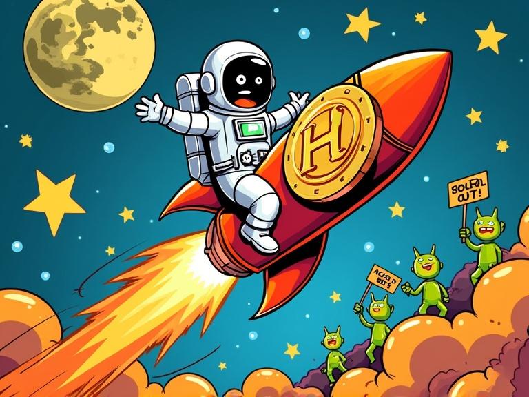 Fun cartoon-style t-shirt design. Goofy astronaut rides a Bitcoin-shaped rocket. Yells 'HODL ON!' with motion lines and flying stars. Includes a moon with 'SOLD OUT' sign. Small aliens holding signs saying 'We Accept BTC.' Bright playful colors neon orange lime space blue comic outlines. Appeals to crypto meme fans and space lovers.