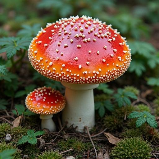 Large red mushroom with white spots and smaller mushroom nearby in a green forest setting.