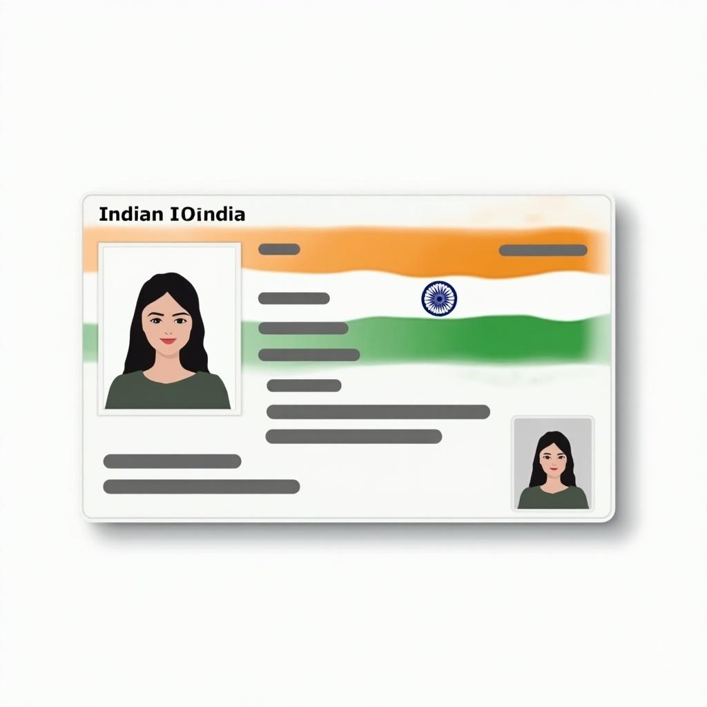 Image of a realistic Indian ID card displaying flag colors. Card has sections for personal details like photo and name. Features unique identification number and modern layout for clarity.