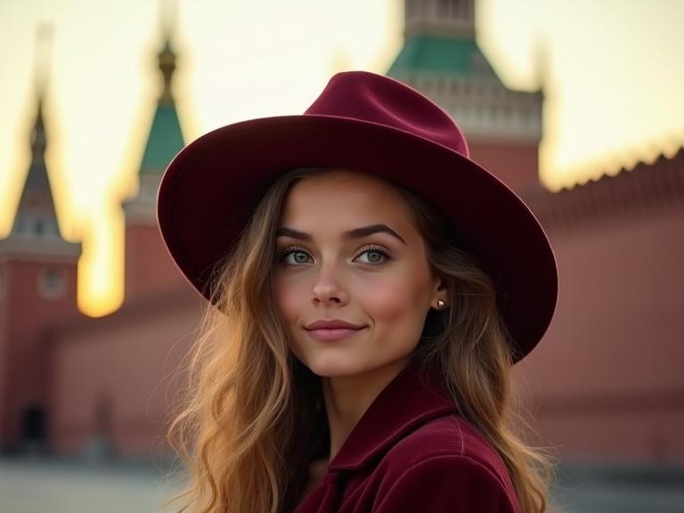 Young woman in a wide-brimmed hat looks at the camera. Behind her is the Moscow Kremlin. The image shows details of the towers and brickwork. Composition is waist-high close-up with the Kremlin in the upper third of the frame. The lighting is warm and soft, with a backlight illuminating the hat. Textures of the hat, hair, and makeup are visible. Color palette includes deep burgundy and cream tones. Light haze gives an atmospheric effect.