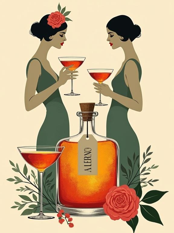Two flapper girls in elegant dresses hold cocktail glasses at chest level. One has a flower in her hair. They pose towards the viewer. A bottle labeled 'ALFRUNO' sits nearby, glowing with shimmering liquid. Two cocktail glasses match the bottle. Roses and herbs surround the bottle. The image is set against a beige background with a minimalist style that highlights simplicity and elegance.