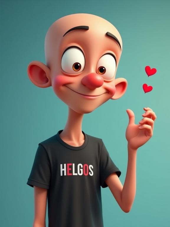 Pixar cartoon character with big expressive eyes almost bald cheerful skinny face wearing black HELGOS t-shirt smiling and sending a kiss with his hand small red heart flying toward viewer soft blue background warm funny atmosphere