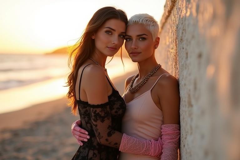 Two women embrace at sunset on the beach. One has short white hair and a flesh-colored dress. The other has long brunette hair in a sheer black dress. They lean against a wall with warm golden lighting.