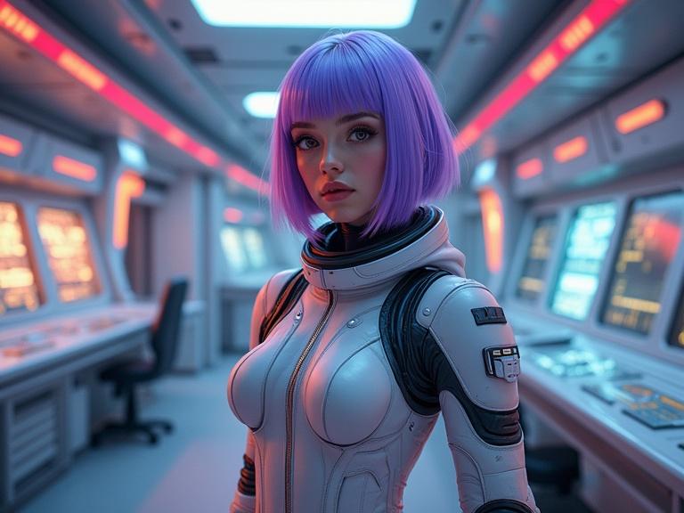 A young woman with purple bob hair in a futuristic spacesuit. She stands in a spaceship interior surrounded by control panels and metallic corridors. The atmosphere showcases neon reflections and ambient ship lighting. The composition is low-angle 3/4 full-body.