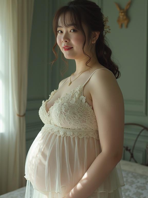 Pregnant woman poses in soft sheer lace outfit. Light flows through a window creating warm atmosphere. Room has vintage decor. She smiles gently showing her belly.