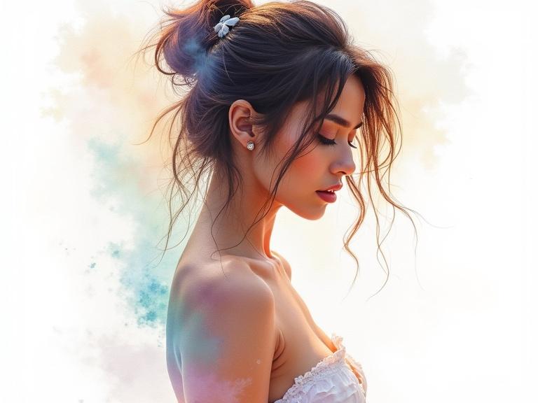 Mesmerizing artwork showcasing a female figure in profile. Blend of Willem Haenraets' style with Carne Griffiths' watercolor techniques and Anna Razumovskaya's softness. Watercolor subject surrounded by dynamic white space. Evokes chaotic beauty and cinematic wonder.