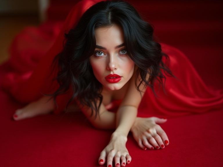 A woman with black hair and blue eyes looks at the camera. She has red lips and is barefoot with red toenails. Dressed in a long red gown, she lays on a matching red carpet. The image captures her 10 toes clearly.