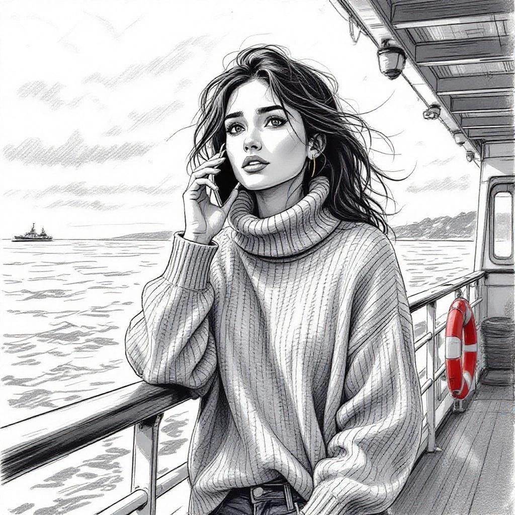 A pencil sketch of a tall young woman on a ferry. She holds a mobile phone to her ear. Her hair flows in the wind. An oversized sweater is slightly lifted by the breeze. She appears focused and thoughtful while listening. The background depicts an expansive ocean and clouds. Part of the upper deck is shown with a lifebuoy. Style is expressive, comic-inspired, with fine linework and soft shading.