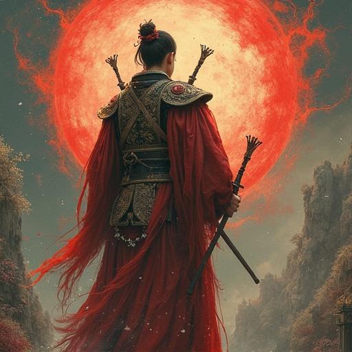Create a fantasy scene featuring a character in red robes with weapons against a dramatic landscape and glowing sun.
