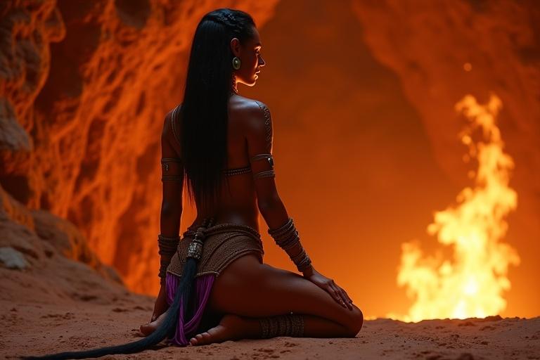 Lira kneels in a glowing lava cavern. Flame altar radiates light illuminating her tattoos. She communes with ancestral spirit of fire. Long black hair in braids adorned with beads. Traditional attire made of beads and plant fibers. Powerful presence and graceful silhouette.