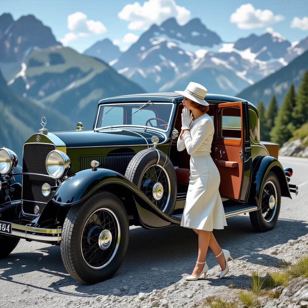 A vintage 1928 Mercedes-Benz car on a mountain pass road. The car's driver door is wide open. A woman in a white knee-length dress stands on gravel, looking horrified at the steamy engine. The scene captures a light mist during golden hour with mountains in the background.