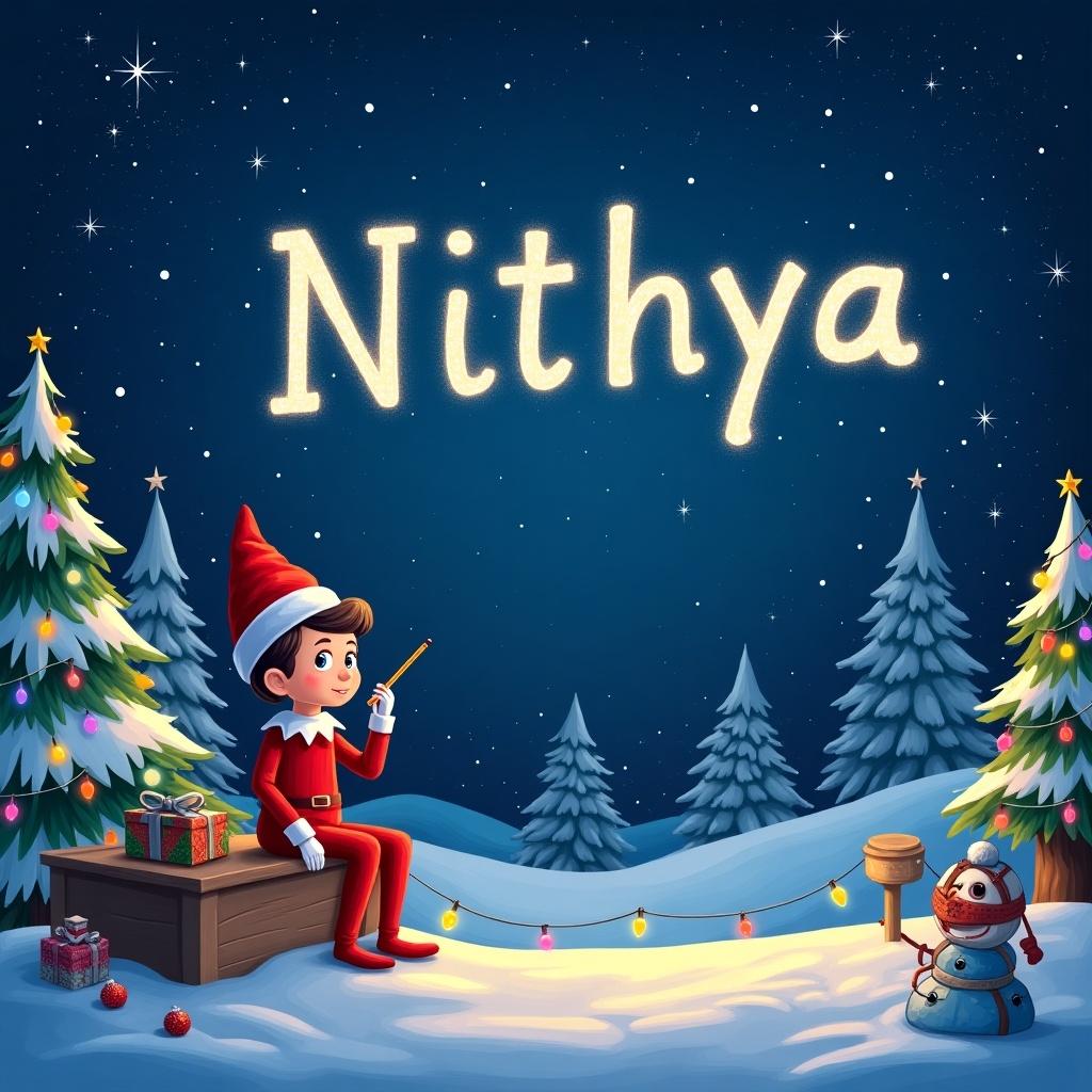 Elf sitting on a bench in a snowy landscape. Elf wearing a red outfit and hat. Writing the name 'Nithya' in the night sky with stars. Christmas trees decorated with lights. Snowman nearby. Cozy and festive atmosphere.